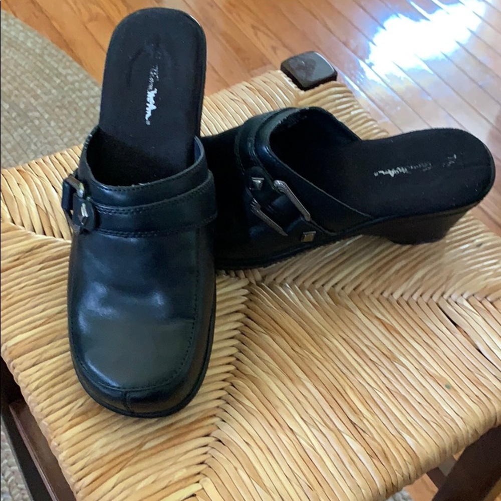 Thom McAn black clogs, wedge heel, size 7 1/2.